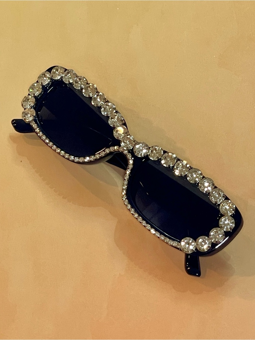 Anthropologie Boho Glam Black Crystal-Trim Rectangular Embellished Sunglasses